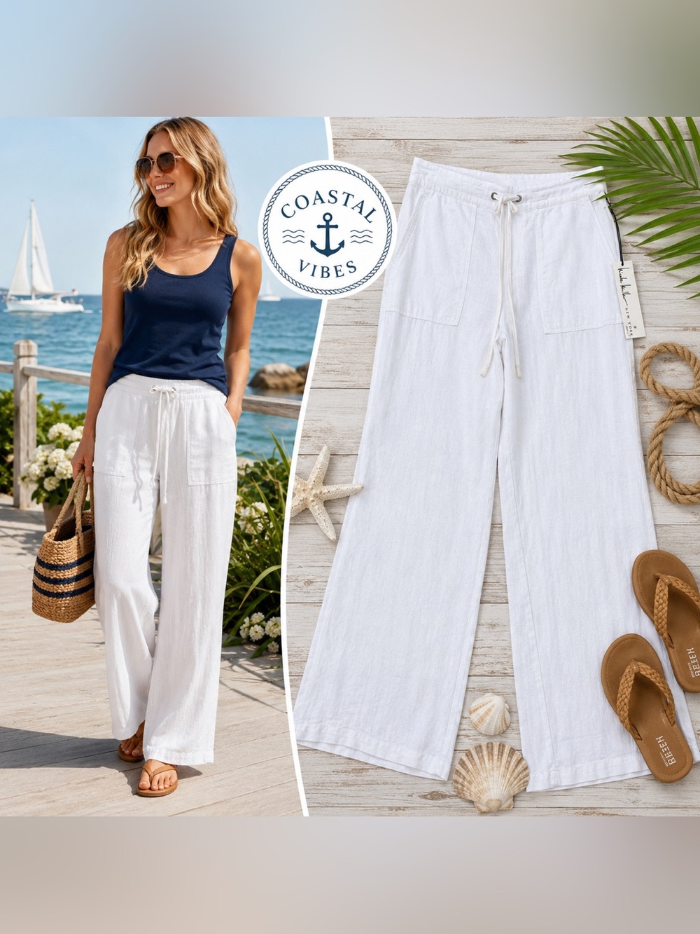 NWT Nicole Miller New York White Linen Blend Wide Leg Drawstring Pants S  Beach